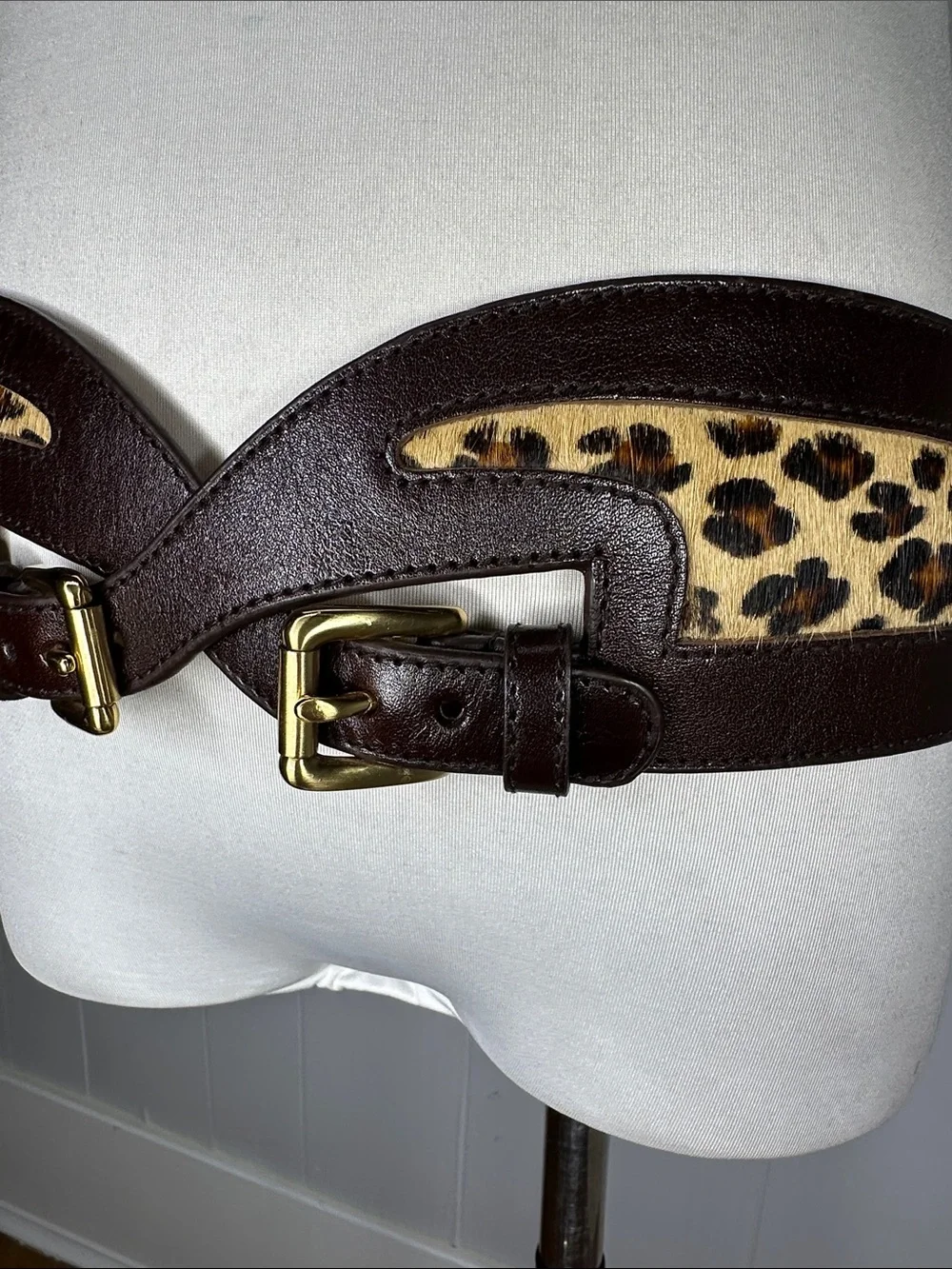 Vintage Genuine Leather Dyed Cheetah Real Cow Fur Double Buckle Belt